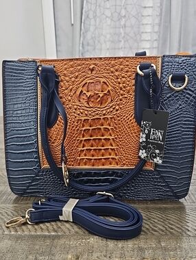 Fashion Bug Navy and Tan Croc-Texture Satchel